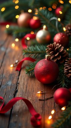 christmas decorations on a wooden table with red ribbon and pine cones in the foreground