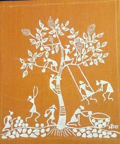 an orange book with white designs on the front and back cover, depicting people dancing around a tree