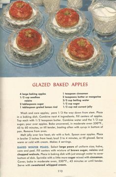 an old recipe book shows baked apples on glass plates