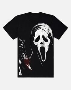 a black t - shirt with an image of a person wearing a ghost mask and holding a knife