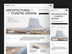 two pages from the architectural coastal design website, one is white and the other is black