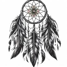 a drawing of a dream catcher with feathers