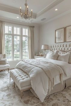 a bedroom with a large bed, chandelier and two chairs in front of the window