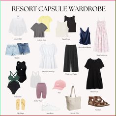 the resort capsule wardrobe is full of clothes and accessories