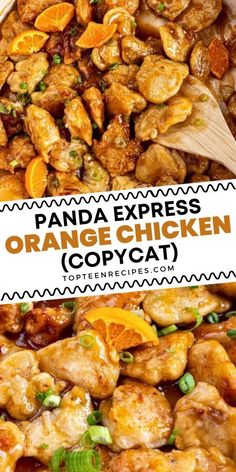 an orange chicken dish in a pan with the words panda express's orange chicken copycat