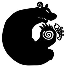 a black and white silhouette of a bear with a fish in its mouth, against a white background