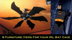 batman themed ceiling fan with the words 8 furniture items for your irl bat cave