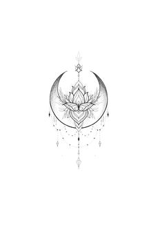 a black and white drawing of a lotus flower on the side of a crescent moon