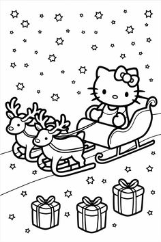 hello kitty riding on a sleigh with reindeers and presents