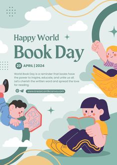 an advertisement for the book day with children flying in the sky and holding books on their hands