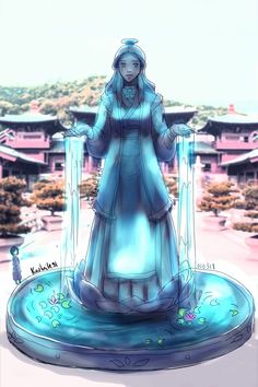 a woman in a blue dress standing on top of a fountain