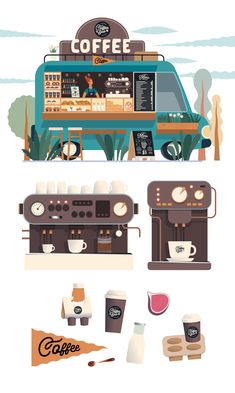 an illustrated image of coffee machines and other items in front of a truck with the word coffee written on it