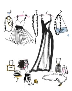 a drawing of clothes and jewelry on display