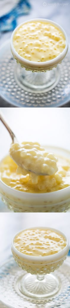 three different views of food being cooked in a bowl and spoon on a plate with water