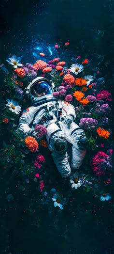 an astronaut floating in the air surrounded by flowers and daisies, with one person wearing a spacesuit