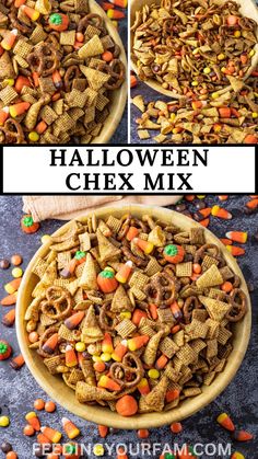 halloween chex mix in a bowl with candy corn