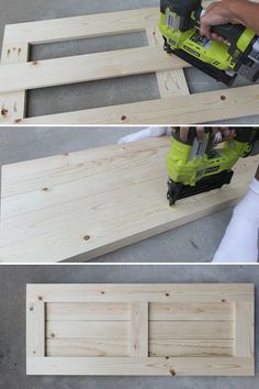 two pictures showing how to make a diy bench with wood planks and glue