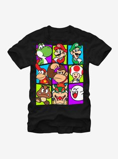 Your favorite cast of video game characters take centerstage on the Nintendo Mario Cast Black T-Shirt. Mario Luigi Toad Yoshi and the whole gang show their faces on this fun Nintendo tee with bright colors on a durable cotton backdrop. 100% Cotton. Nintendo Mario Bros, Mario Shirt, Mario Luigi, Mens Graphic T, Friends Tshirt, Black Graphic Tees, Video Game Characters, Game Characters, Super Mario Bros