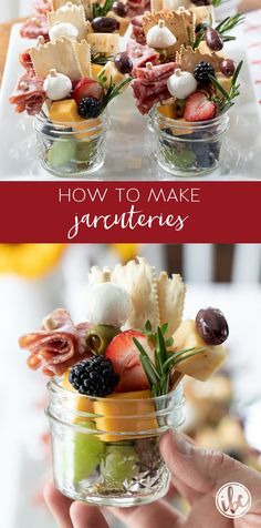 two pictures showing different types of food in small glass bowls with the words how to make gourmet appetizers