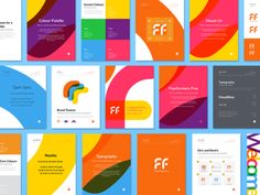 an assortment of brochures with different colors and shapes on the front, back and side