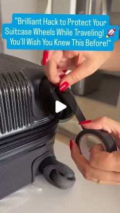 two hands holding scissors over a piece of luggage with the words brilliant hack to protect your suitcase wheels while traveling you'll wish you knew this before