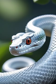 a white snake with red eyes on it's head is shown in close up