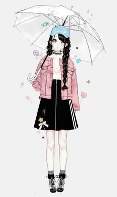 a drawing of a girl in a pink jacket and black skirt with an umbrella over her head