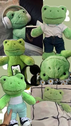 a collage of stuffed animals with headphones on and in different positions, including a frog