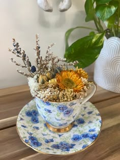 a blue and white teacup with flowers in it on a wooden table next to a potted plant