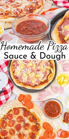 homemade pizza sauce and dough are on the table with different types of pizzas in pans