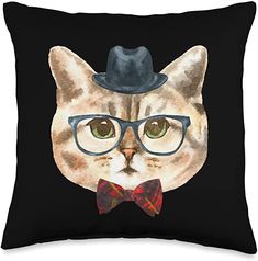 a cat wearing glasses and a bow tie with a hat on it's head