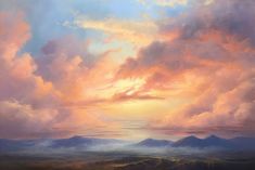 a painting of clouds and mountains in the distance