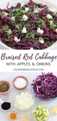 the ingredients for brussel red cabbage with apples and onions are shown in bowls