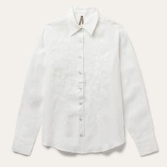 Embroidered White Tonal Stripe Linen Blouse | Stetson Elegant Linen Blouse With Spread Collar, Elegant White Linen Top, Elegant Floral Embroidered Shirt For Work, Elegant Embroidered Tops With Relaxed Fit, Elegant White Shirt With Floral Embroidery, Elegant Workwear Shirt With Floral Embroidery, Linen Embroidered Button-up Top, Embroidered Linen Button-up Top, Linen Button-up Top With Embroidery