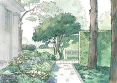 a drawing of a garden with trees and flowers