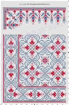 the cross stitch pattern is shown in red and blue, with two different designs on each side