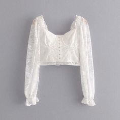 Romantic Semi-Sheer White Lace Square Neck Long Sleeve Blouse Top - Uniqistic.com Fe Clothing, Square Neck Long Sleeve, White Lace Blouse, Romantic Lace, Women Shirts Blouse, Sheer Fabrics, Lace Blouse, Lace Sleeves, Sheer Lace