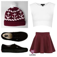 skater skirt outfits with vans - Google Search Cute Outfits For Going Out, Red Skater Skirt, Maroon Vans, Vans Outfit, Red Beanie, Outfits With Converse, Black Vans