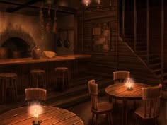 a dimly lit restaurant with wooden tables and stools next to a fire place in the fireplace