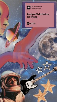 an astronaut is holding his guitar in front of the moon and stars