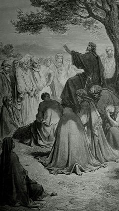 an old black and white drawing of jesus in the wilderness with other people around him