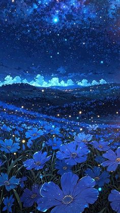 blue flowers are in the foreground with a night sky and stars in the background