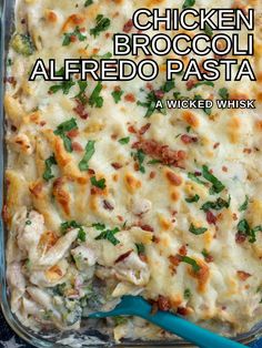 chicken broccoli alfredo pasta in a casserole dish