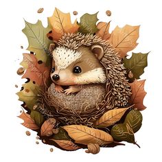 an illustration of a hedge sitting in a nest surrounded by leaves and acorns