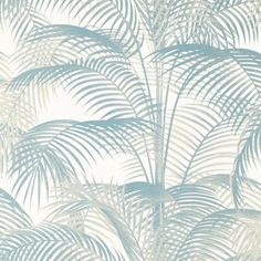 a blue and white wallpaper with palm leaves on it's back droplet