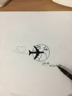 a drawing of an airplane flying over the earth with words written on it and a heart in the middle