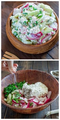 two pictures showing different types of salads in wooden bowls with dressing being drizzled on them