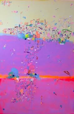 an abstract painting with pink and purple colors