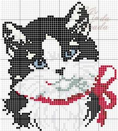 a cross stitch pattern with a black and white cat holding a red ribbon in it's mouth