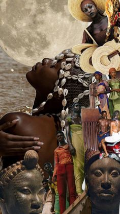 a collage of african women and men with hats on their heads, in front of a full moon